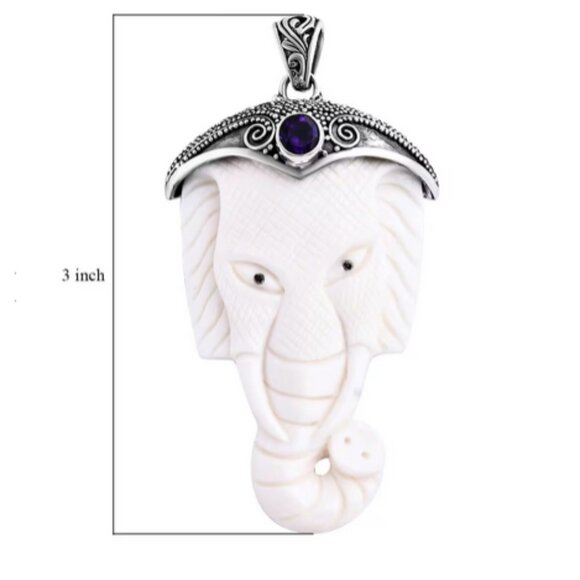 Elephant Pendant Carved Bone & African Amethyst Sterling Unique - Picture 3 of 4